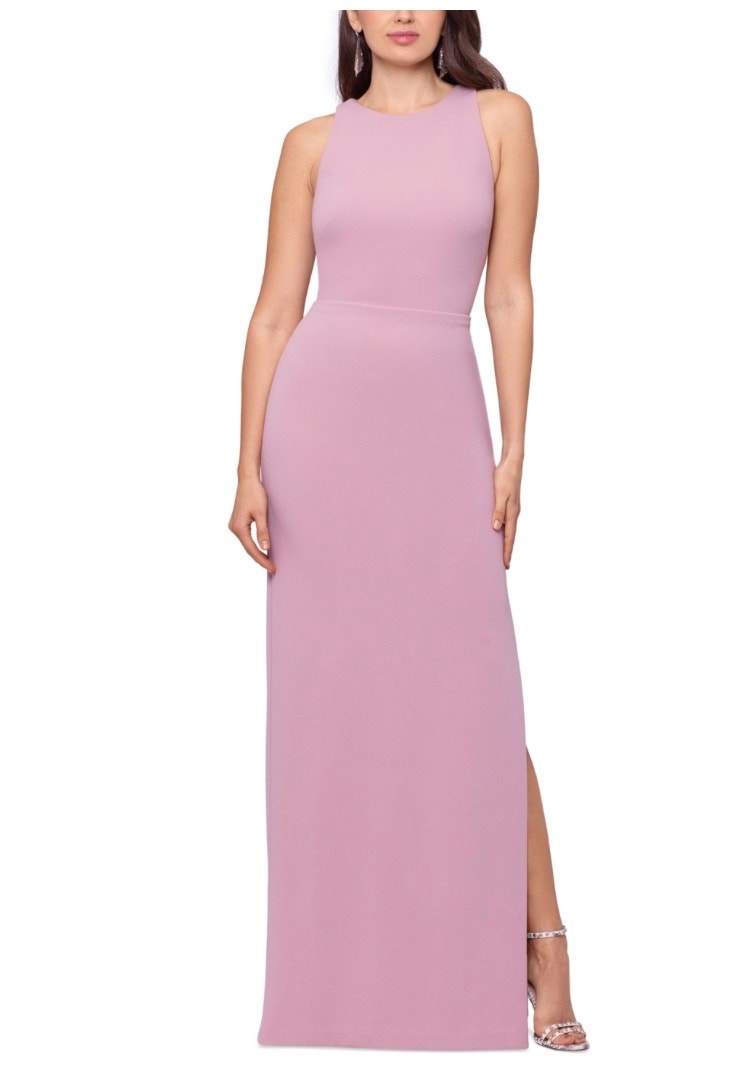 Betsy & Adam Rose Pink Evening Gown Cutout Draped Back Long Column Dress Size 4